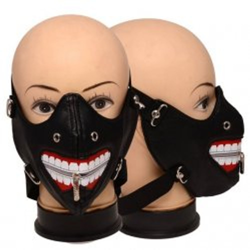 Vinyl face mask with printed toothy grin, zipper and rivets.