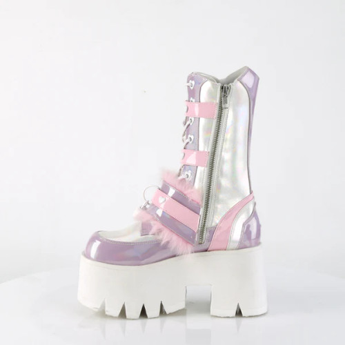 Demonia Ashes Midcalf Boot 3 1/2" B. Pink Lavender Holographic Demonia Ashes Midcalf Boot 3 1/2" B. Pink Lavender Holographic