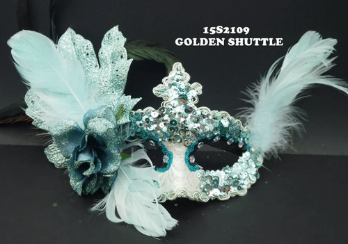 Masquerade Blue Flower & Feather Accents Mask