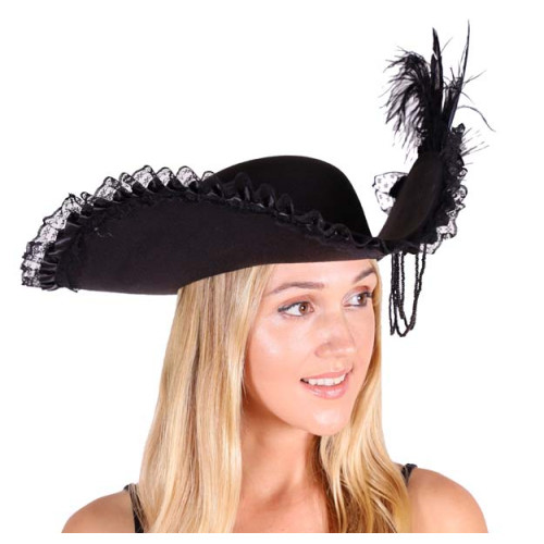 Black Lace Pirate Hat with Feathers