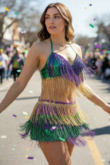 Purple and gold fringe tinsel halter top