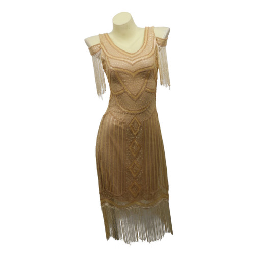 Beige flapper dress with cutout sleeveless fringe.