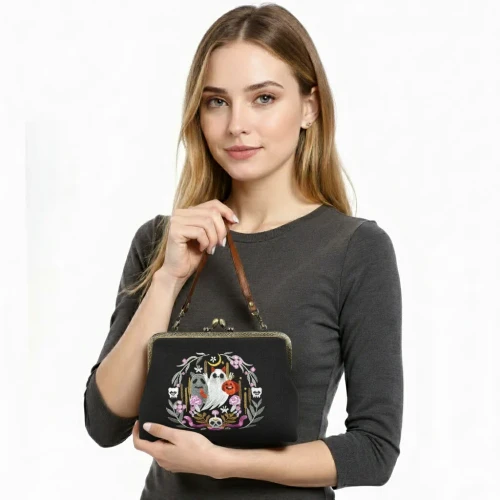 Purple Snake + Ghosts Wreath Kiss Lock Bag in Linen