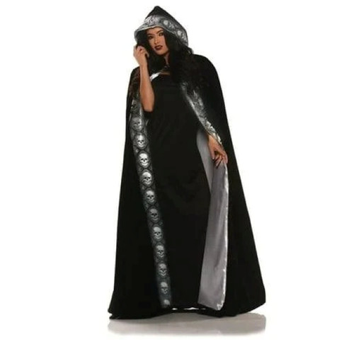 Velvet Skull Cape - Full Length with Satin Lining, Skull Printed Jacquard Trim & attached Hood