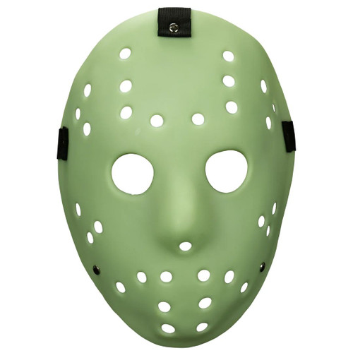 A classic Halloween staple - perfect for any hockey or slasher costume. 

Made of glow-in-the-dark injection molded plastic with a 3-way elastic strap.