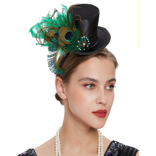 Add vintage flair with this mini black top hat headband, featuring vibrant peacock feathers and a jeweled brooch.