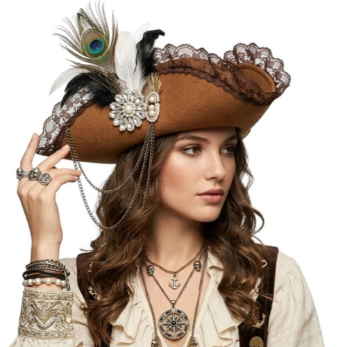 This brown pirate hat features gold trim and a dramatic feather accent. Styles may vary.