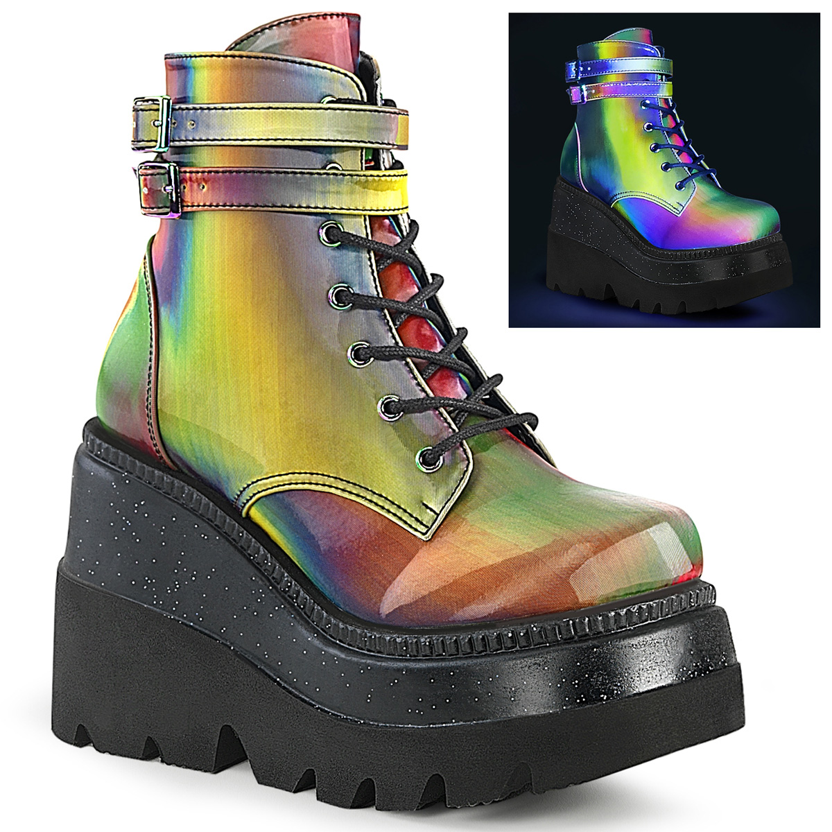 Demonia Rainbow Reflective Platform Bootie – Rave Wonderland