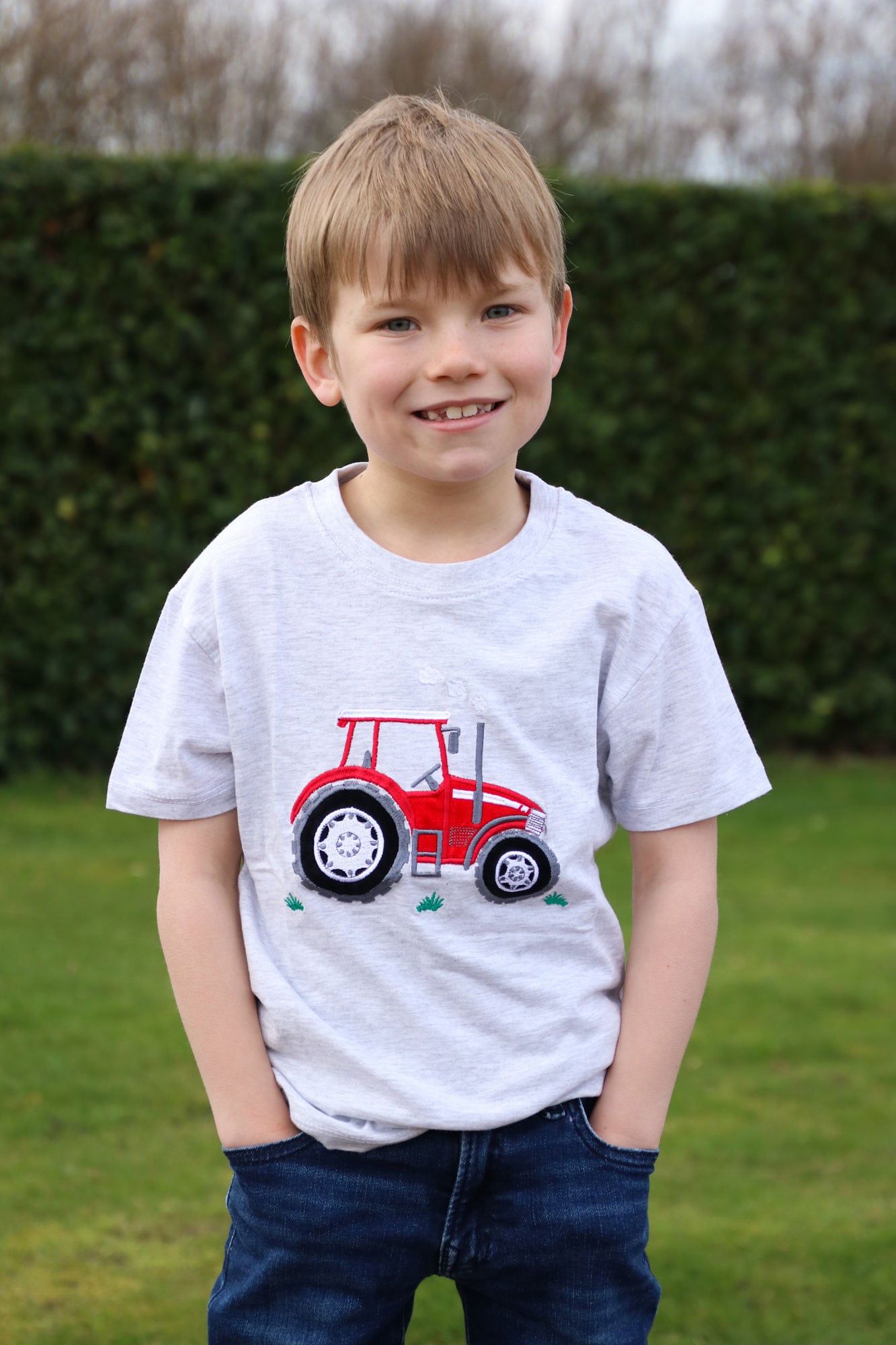 British Country Collection Big Red Tractor Childrens T-Shirt - Ash Grey
