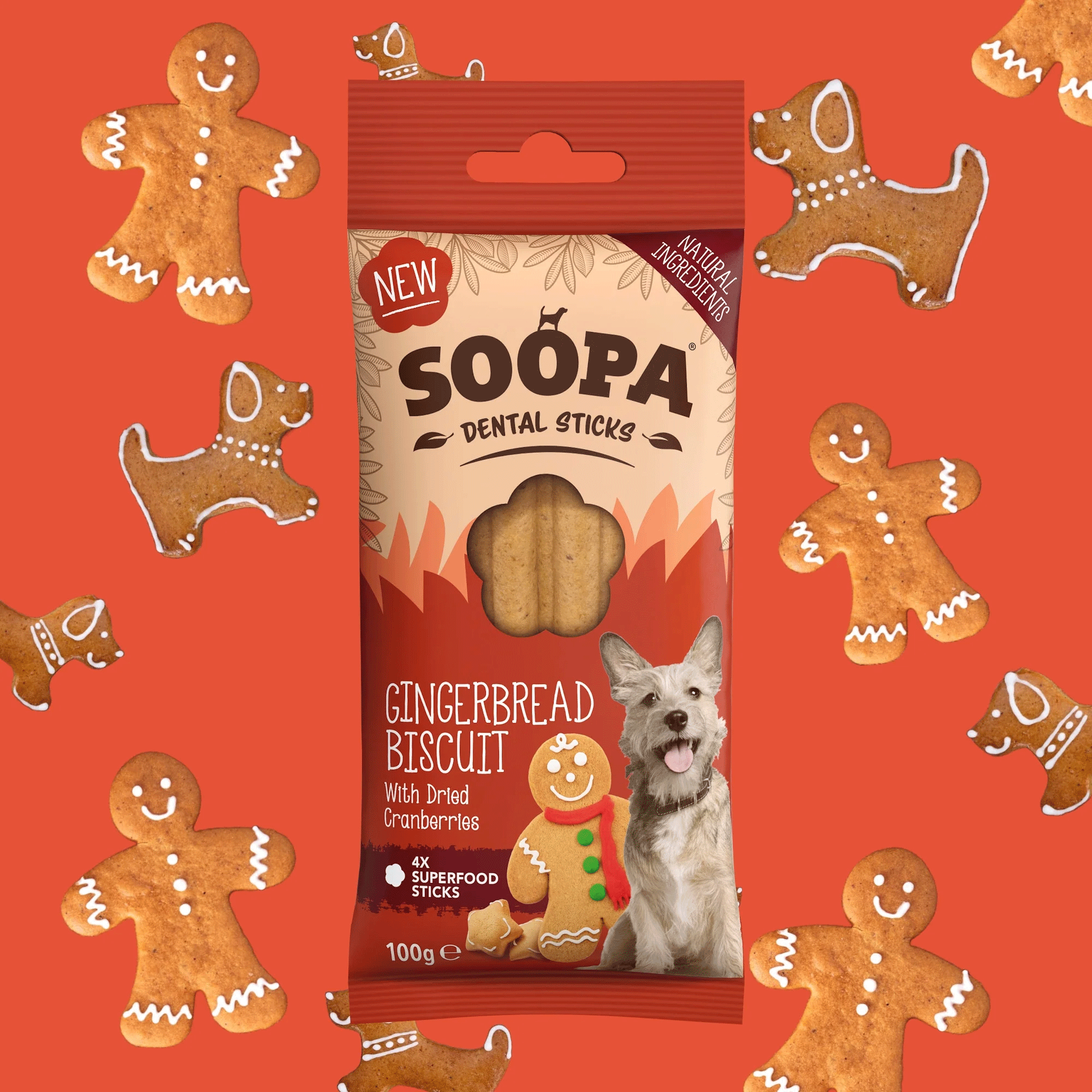 Soopa Gingerbread Biscuit Dental Sticks 100g (pack of 4)