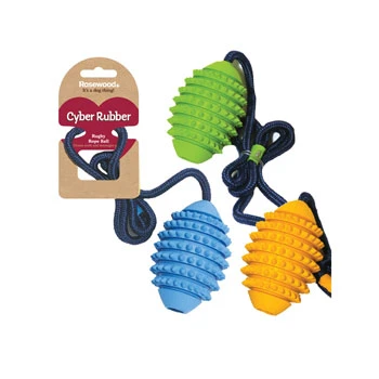 Rosewood Cyber Rubber Rugby Rope Ball Dog Toy - Medium
