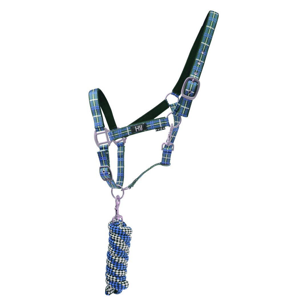 Hy Tartan Head Collar with Lead Rope - Navy/White/Blue