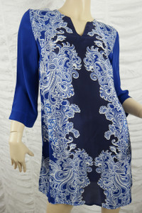 BLUE ILLUSION blue 100% silk tribal floral print kaftan dress size XS/8 NWOT front view