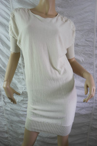 LAURA ASHLEY cream cotton beaded silk 3/4 sleeve sweater knit dress size XS EUC front view