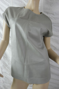 SABA grey 100% lambskin leather perforated short sleeved top size XS EUC front view