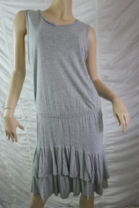 SEED HERITAGE grey marle sleeveless drop waist frill hem dress size L EUC front view