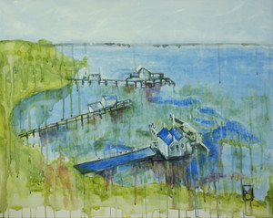 Modern contemporary acrylic landscape painting on canvas titled "Point King Beach” by David Calleja close up front photo.