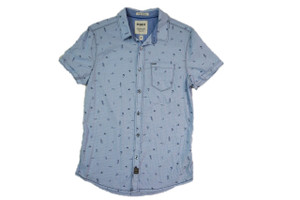 M-ONE-11 blue gingham tropical print casual short sleeve track shirt size S BNWT front view M-ONE-11 blue gingham tropical print casual short sleeve track shirt size S BNWT front view