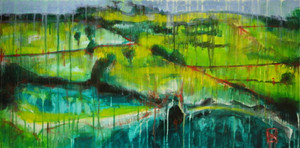 Modern contemporary acrylic abstract landscape painting on canvas titled "Country Life” by David Calleja close up front photo.