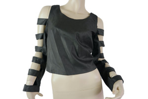 BISONTE black 100% leather cut away cropped long sleeve top size 10 EUC front view BISONTE black 100% leather cut away cropped long sleeve top size 10 EUC front view