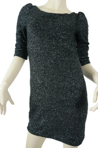 RIVER ISLAND black glitter tinsel 3/4 sleeve bodycon mini dress size 10 BNWT front view