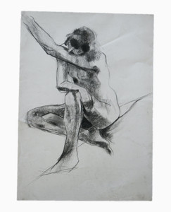 Charcoal life drawing study of a female nude kneeling large original student work front view Charcoal life drawing study of a female nude kneeling large original student work front view