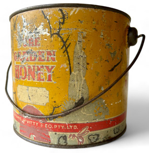 Vintage GROVES MCVITTY yellow honey tin bail handle 7lb AUSTRALIA 1930's VGVC main view Vintage GROVES MCVITTY yellow honey tin bail handle 7lb AUSTRALIA 1930's VGVC main view