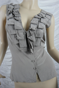 SATCH taupe 100% silk sleeveless ruffled v-neck blouse top size 10 EUC front view SATCH taupe 100% silk sleeveless ruffled v-neck blouse top size 10 EUC front view