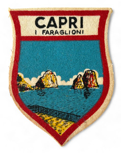Vintage travel cloth badge patch Faraglioni Stacks island CAPRI ITALY 1950's GVC front view Vintage travel cloth badge patch Faraglioni Stacks island CAPRI ITALY 1950's GVC front view