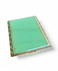 Vintage green enamel powder compact Art Deco rectangle brass ENGLAND 1920's VGVC front view