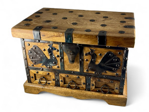 Vintage wooden tin bird steam trunk treasure chest drawers INDIA 1960's VGVC main view