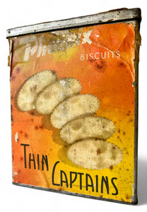 Antique PHOENIX paper orange Thin Captains biscuit tin 6¾lb AUSTRALIA 1900's GAC main view Antique PHOENIX paper orange Thin Captains biscuit tin 6¾lb AUSTRALIA 1900's GAC main view