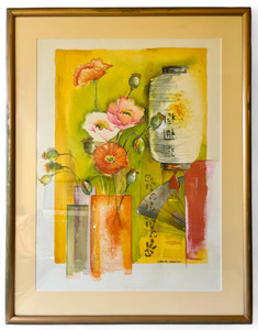 Vintage CHINESE POPPY PAPER LANTERN still life painting signed framed 1990's EVC main vie Vintage CHINESE POPPY PAPER LANTERN still life painting signed framed 1990's EVC main vie