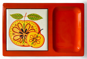Vintage CHERRY orange fruit ceramic tile cheese board trivet JAPAN 1970's EVC front view Vintage CHERRY orange fruit ceramic tile cheese board trivet JAPAN 1970's EVC front view