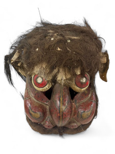 Antique Japanese Shishi Lion Dog Meiji red lacquer processional mask C1880's GAC main view