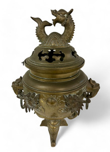 Antique Japanese dragon Meiji brass koro censer incense burner 1800's JAPAN main view