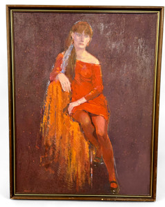 Vintage RED ENSEMBLE woman portrait painting signed FREDERIC BATES framed 1970's main view Vintage RED ENSEMBLE woman portrait painting signed FREDERIC BATES framed 1970's main view