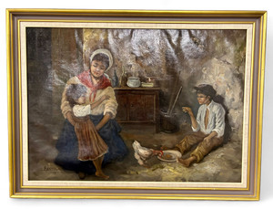 Vintage Italian BERTOLINI COUNTRY SCENE WITH FAMILY Realist painting C1900's main view Vintage Italian BERTOLINI COUNTRY SCENE WITH FAMILY Realist painting C1900's main view