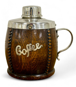 Antique English ESPN silver plate oak coffee caddy barrel ENGLAND C1900's EAC main view Antique English ESPN silver plate oak coffee caddy barrel ENGLAND C1900's EAC main view