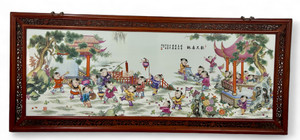 Antique Chinese famille rose porcelain large wall plaque 21 boys C1900's CHINA main view Antique Chinese famille rose porcelain large wall plaque 21 boys C1900's CHINA main view