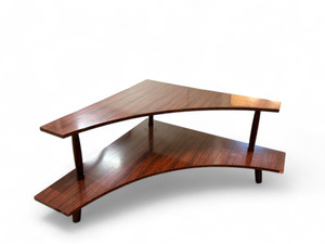 Vintage laminate sofa coffee table two-tiered corner mid-century modern 1950's front view Vintage laminate sofa coffee table two-tiered corner mid-century modern 1950's front view