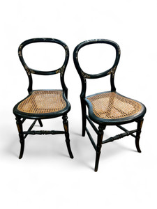 Antique mother of pearl inlay ebonised rattan chairs X2 Victorian 1880's ENGLAND main view Antique mother of pearl inlay ebonised rattan chairs X2 Victorian 1880's ENGLAND main view