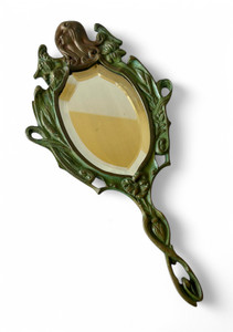 Vintage bronze gilt vanity hand mirror Art Nouveau nymph maiden 1930's FRANCE main view