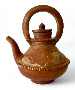 Vintage clay pottery earthenware teapot etched floral TOH JIWA 1990's INDONESIA main view