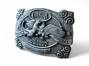 Vintage COUGAR BOUBON WHISKEY pewter metal belt buckle 1990's AMERICA main view