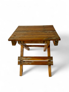 Vintage solid pine collapsible plant stand stool folding picnic table 1970's front view Vintage solid pine collapsible plant stand stool folding picnic table 1970's front view