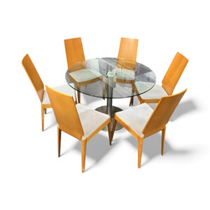 Vintage PACO CAPDELL dining suite round glass table X6 beech chairs 2000's SPAIN front side view