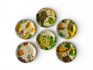 Vintage alcohol proof paper mache drink coaster set X6 fruit motif 1940's JAPAN main view