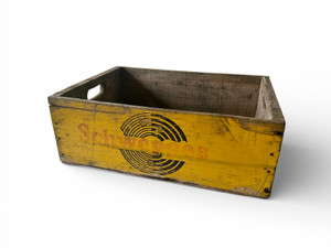 Vintage SCHWEPPES yellow timber crate soft drink soda bottle 1950's AUSTRALIA main view