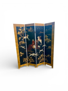 Vintage English fox hunt black lacquered four-panel folding screen room divider front view